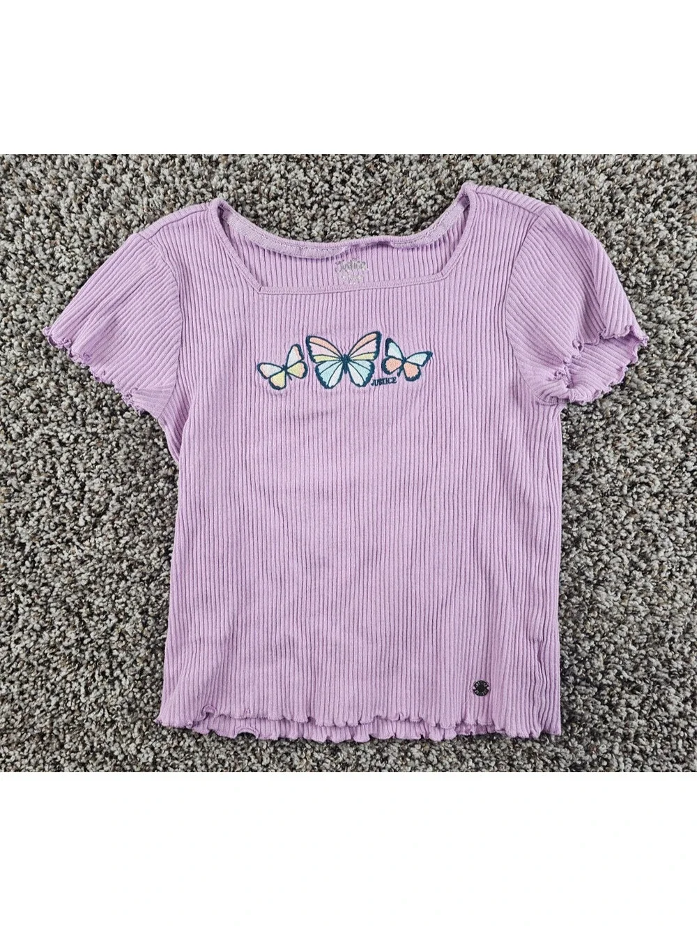 Justice Girls Sz M Short Sleeve Square Neck T-Shirt Purple Butterfly Embroidered